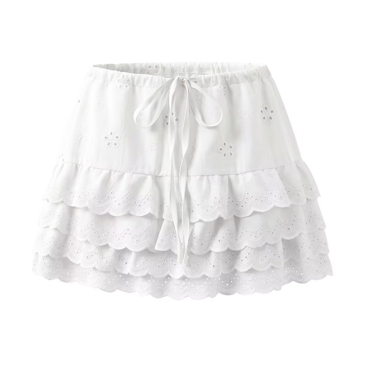 New Women's Hollow Out Embroidery Lace Short Top with Waistline Hollow Out Embroidery Mini Skirt