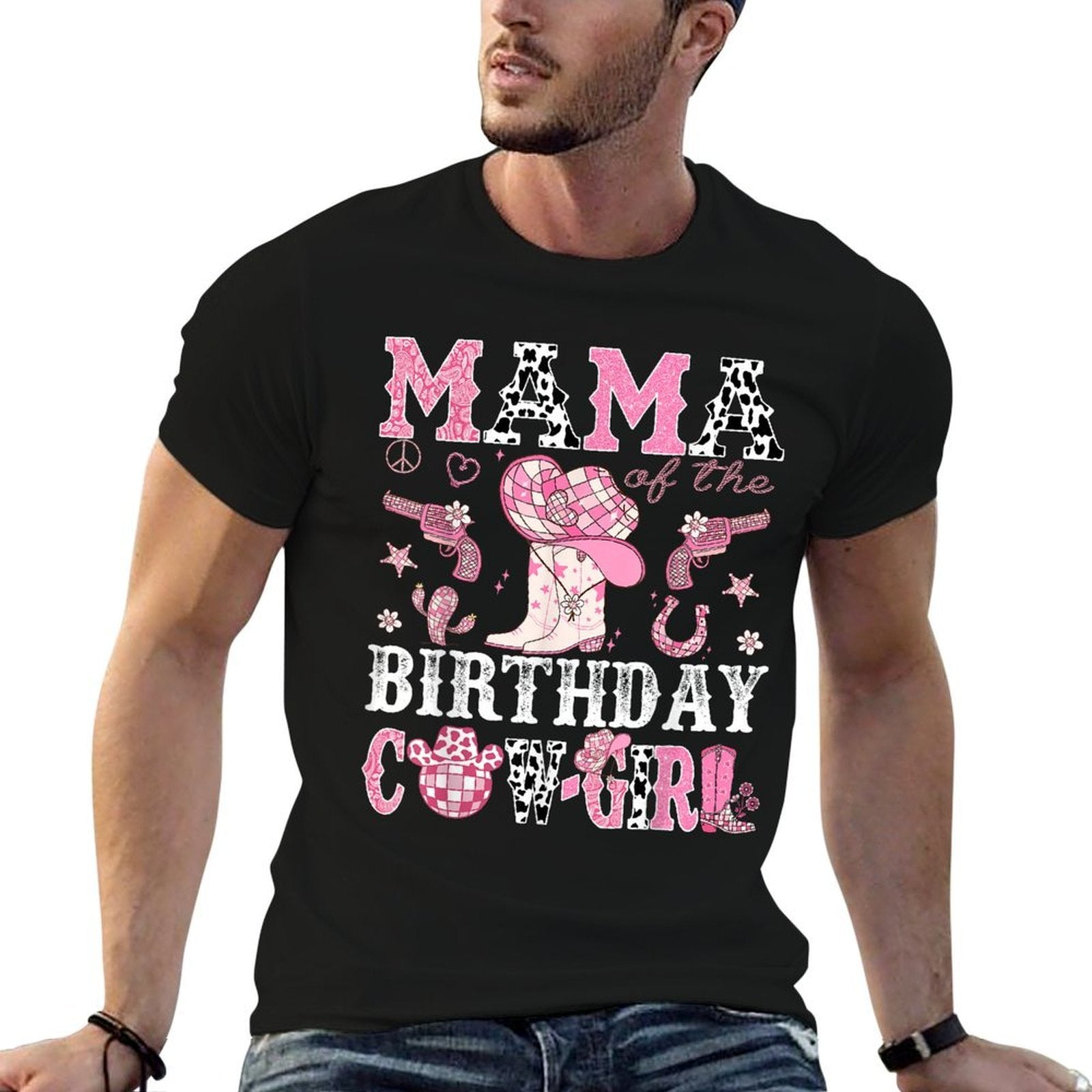 Mama Of The Birthday Cow-Girl Pink Disco Rodeo Western  Cotton T-Shirt
