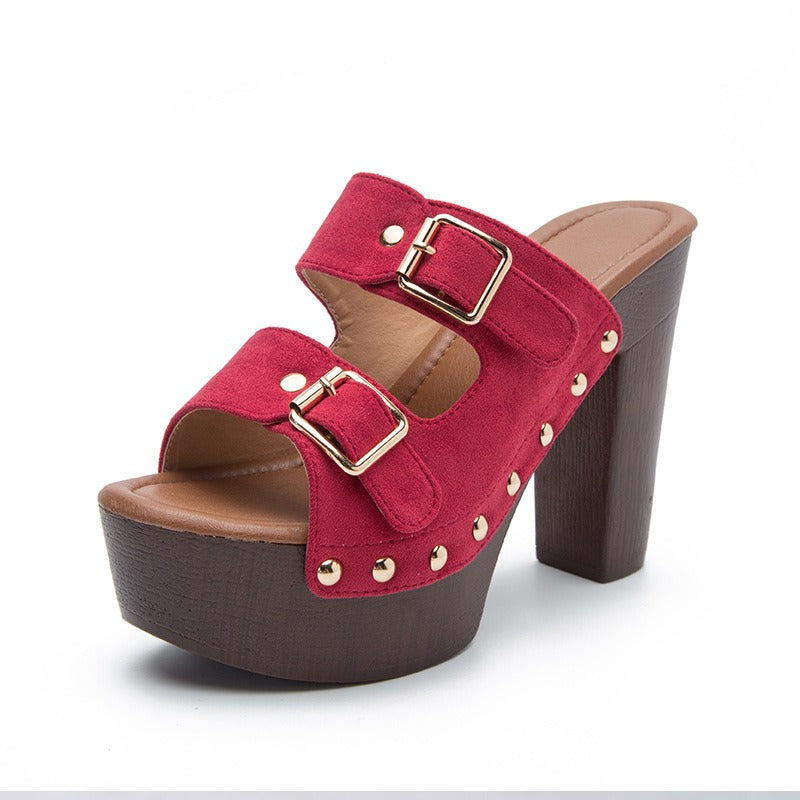 platform sandals square heel women high heel shoes ankle strap rivet mules shoes sandals