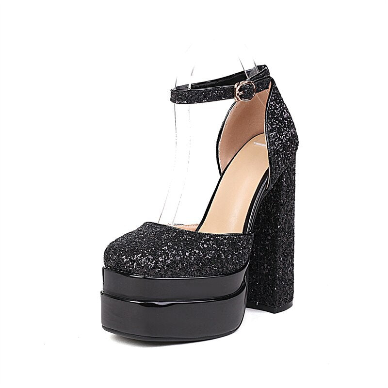 Rhinestone Ankle Strap Platforms Pumps For Women Casual Spring Summer Chunky Shoes Ladies