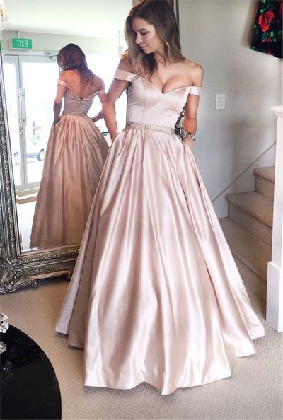 Pink off the shoulder long beading evening party dress wedding party gown