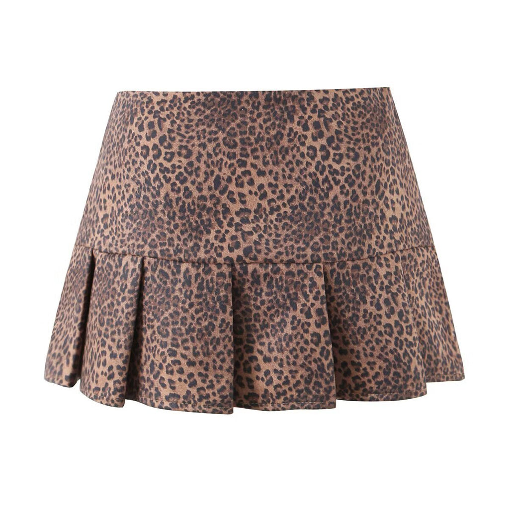 Chic Vintage Leopard Print Pleated Skirt with Built-in Safety Pant Women's Fashion Dress
