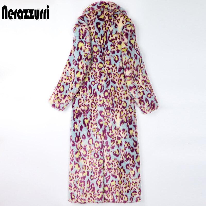 Nerazzurri Winter Extra Long Colorful Warm Thick Fluffy Leopard Print Faux Fur Trench Coat for Women Runway European Fashion