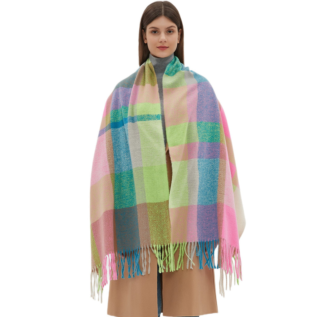 Plaid Scarf Thickened Fringe Bib Rainbow Scarf Shawl