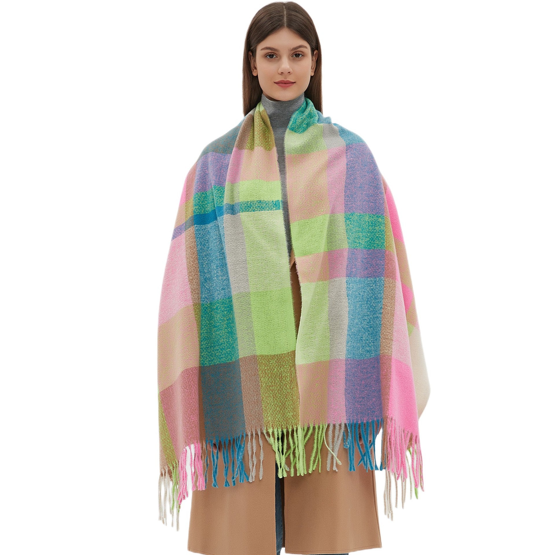 Plaid Scarf Thickened Fringe Bib Rainbow Scarf Shawl