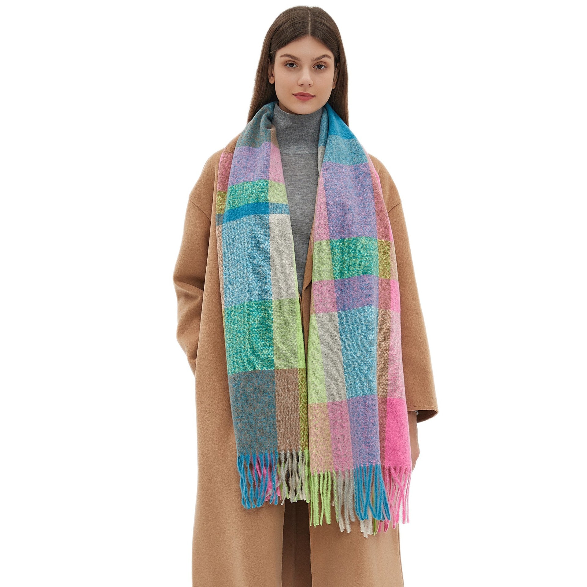 Plaid Scarf Thickened Fringe Bib Rainbow Scarf Shawl
