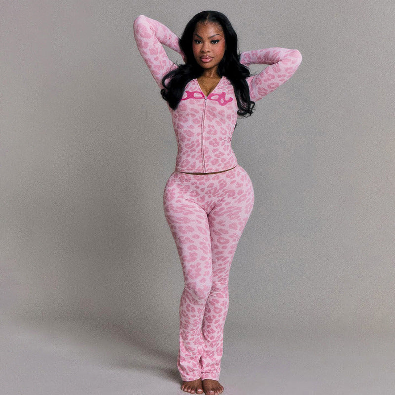 Fashionable Hooded Camouflage Printed Long Sleeve Sporty Fitted Pants Two-Piece Set for Women