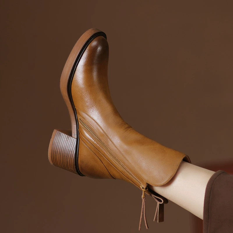 Round headed double zipper thick heel sponge bottom brown retro Martin boots for women