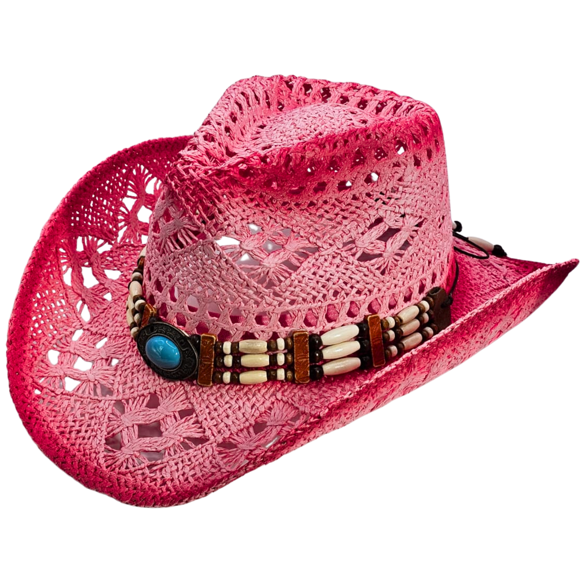 Straw Cowgirl Hat | Handmade Beaded Crown with Turquoise-stone Detail