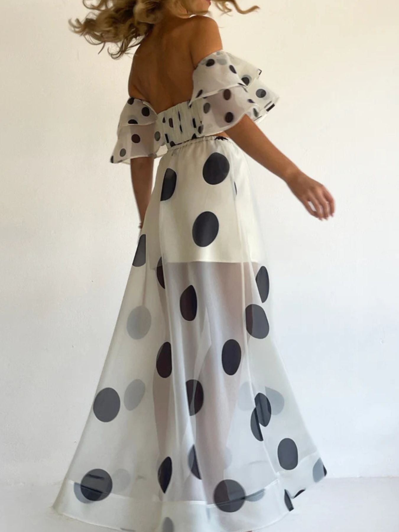 Polka Dot and Flowers Ruffle Crop Top and Maxi Skirt Set