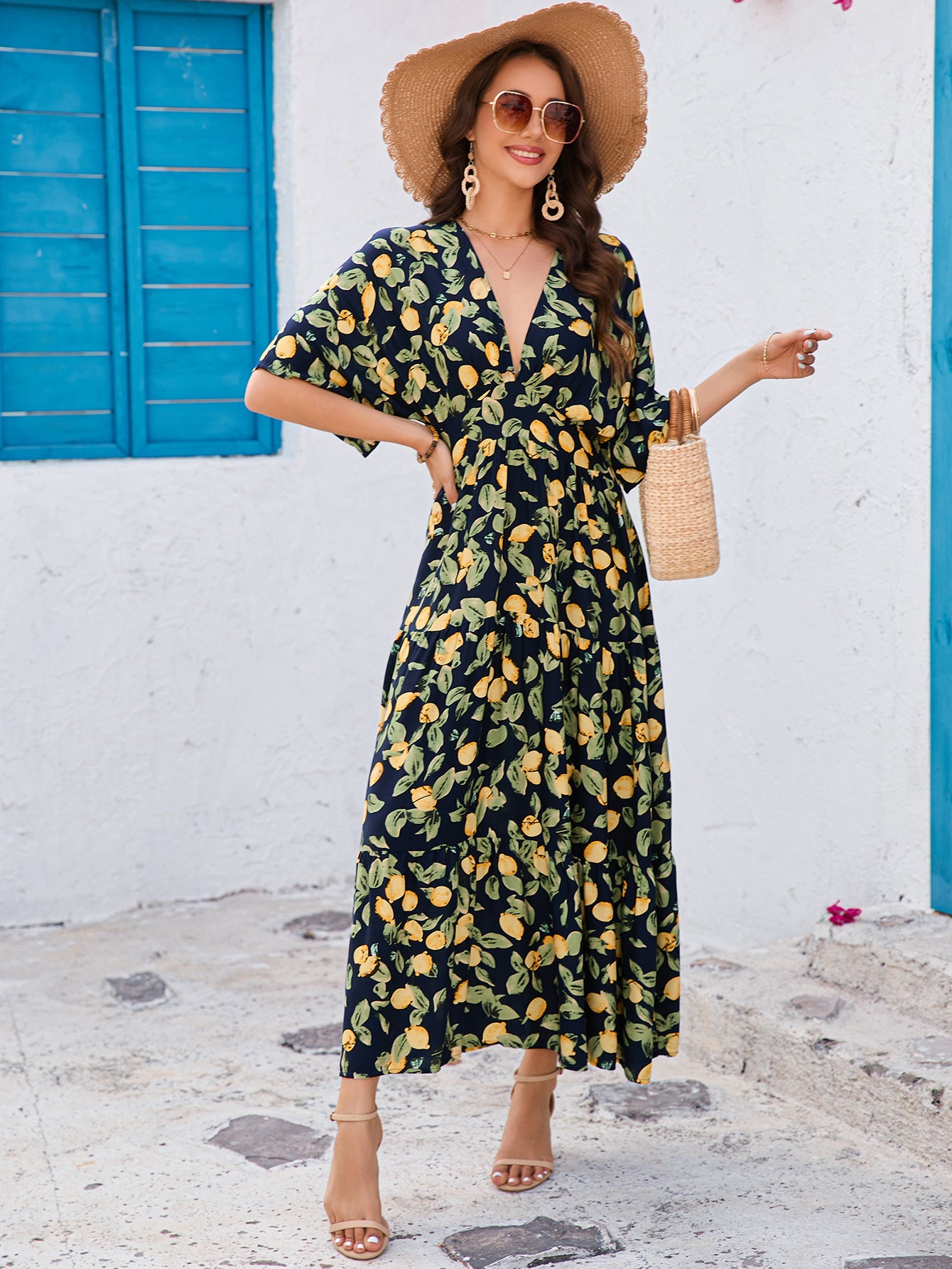 Real Photo Cross-border Rayon Printed Batwing Sleeve Deep V Waist-tightening Layered Dress Beach Resort Long Dress