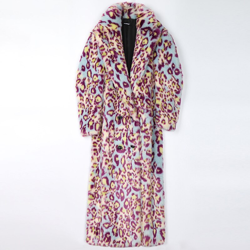 Nerazzurri Winter Extra Long Colorful Warm Thick Fluffy Leopard Print Faux Fur Trench Coat for Women Runway European Fashion