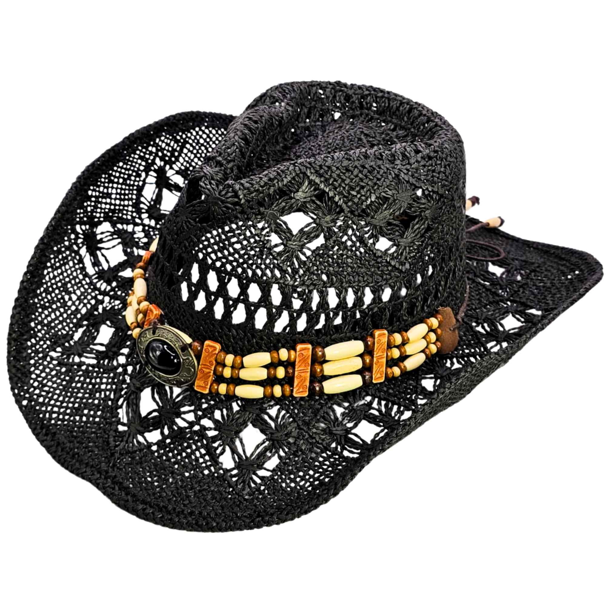 Straw Cowgirl Hat | Handmade Beaded Crown with Turquoise-stone Detail