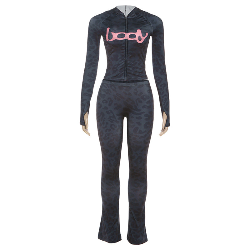 Fashionable Hooded Camouflage Printed Long Sleeve Sporty Fitted Pants Two-Piece Set for Women