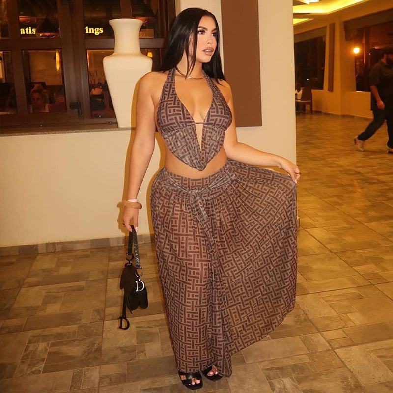 Printed Dress Set Draped Collar Pleated Halter Crop Top Two-Piece Women's Fashion