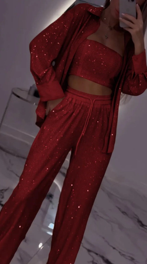 Loose Sequins Jacket Tube Top Three-piece Suit
