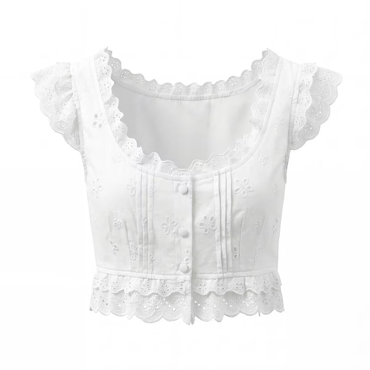 New Women's Hollow Out Embroidery Lace Short Top with Waistline Hollow Out Embroidery Mini Skirt