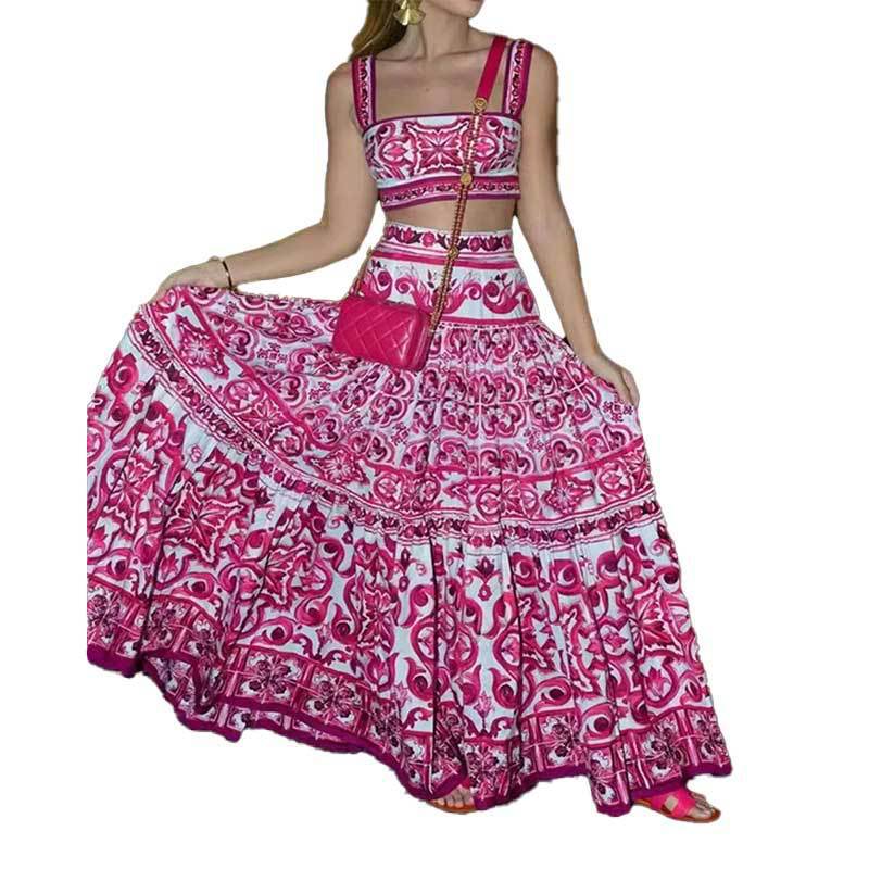Short camisole top printed large skirt fashion set