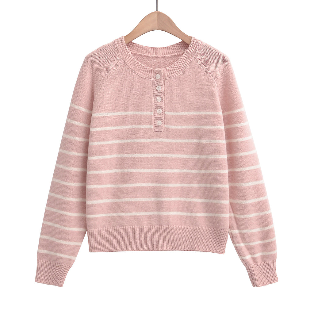 Striped round neck long sleeved loose plush sweater