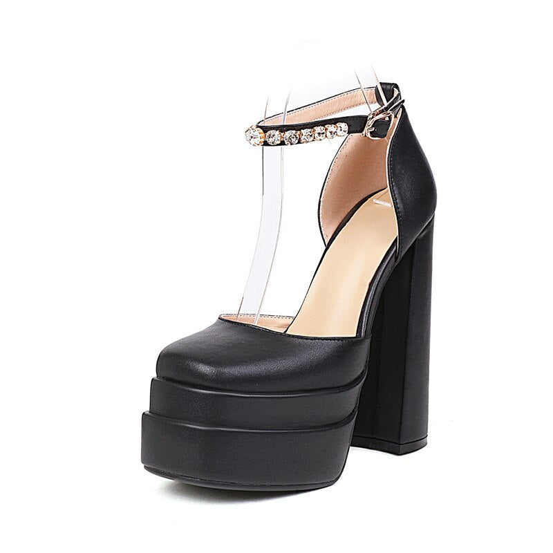 Rhinestone Ankle Strap Platforms Pumps For Women Casual Spring Summer Chunky Shoes Ladies