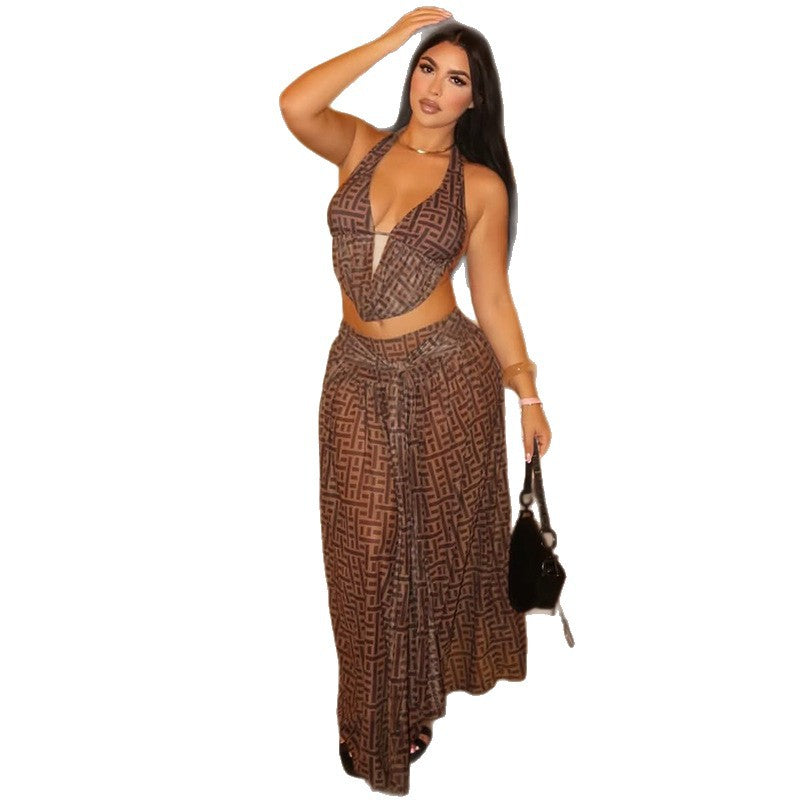 Printed Dress Set Draped Collar Pleated Halter Crop Top Two-Piece Women's Fashion