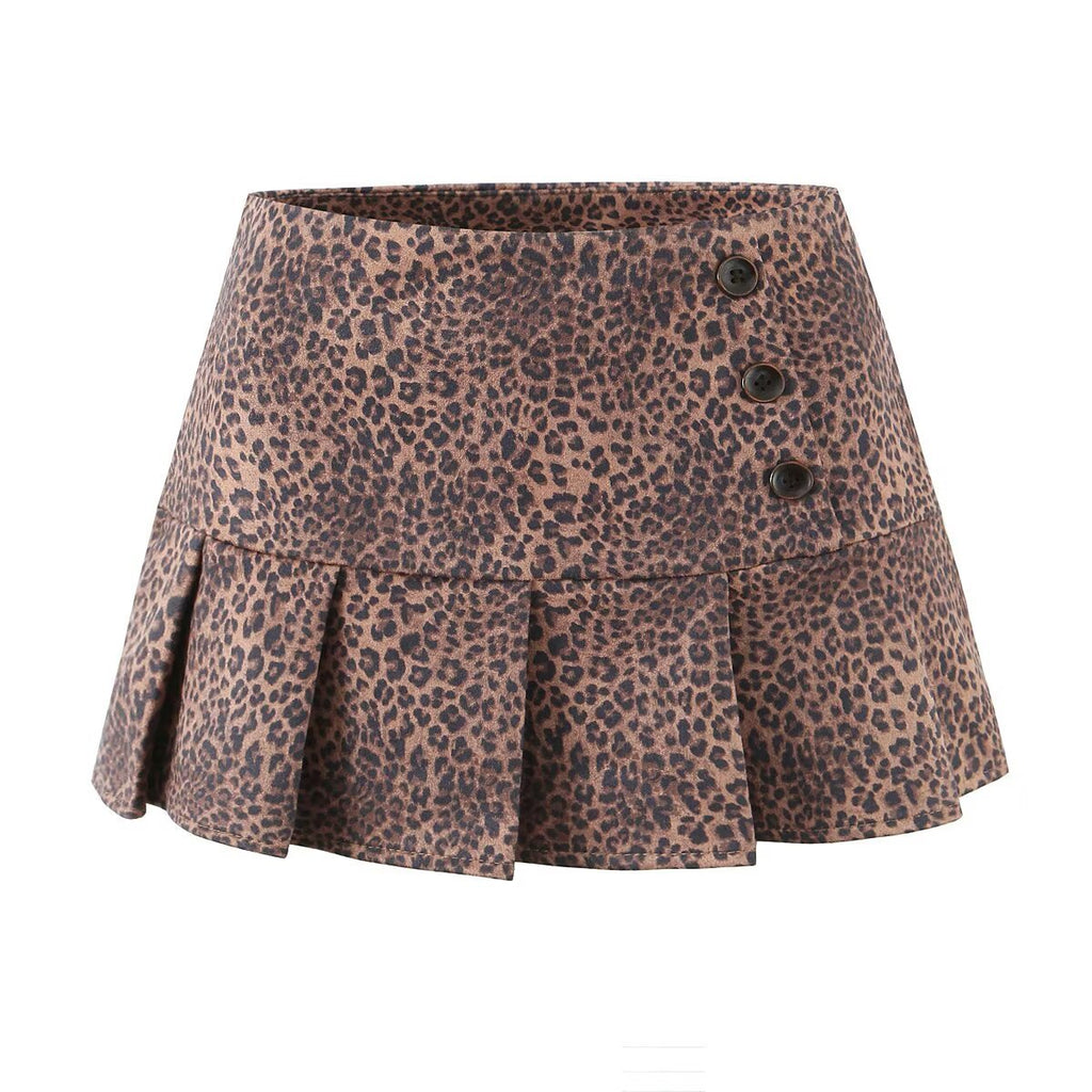 Chic Vintage Leopard Print Pleated Skirt with Built-in Safety Pant Women's Fashion Dress