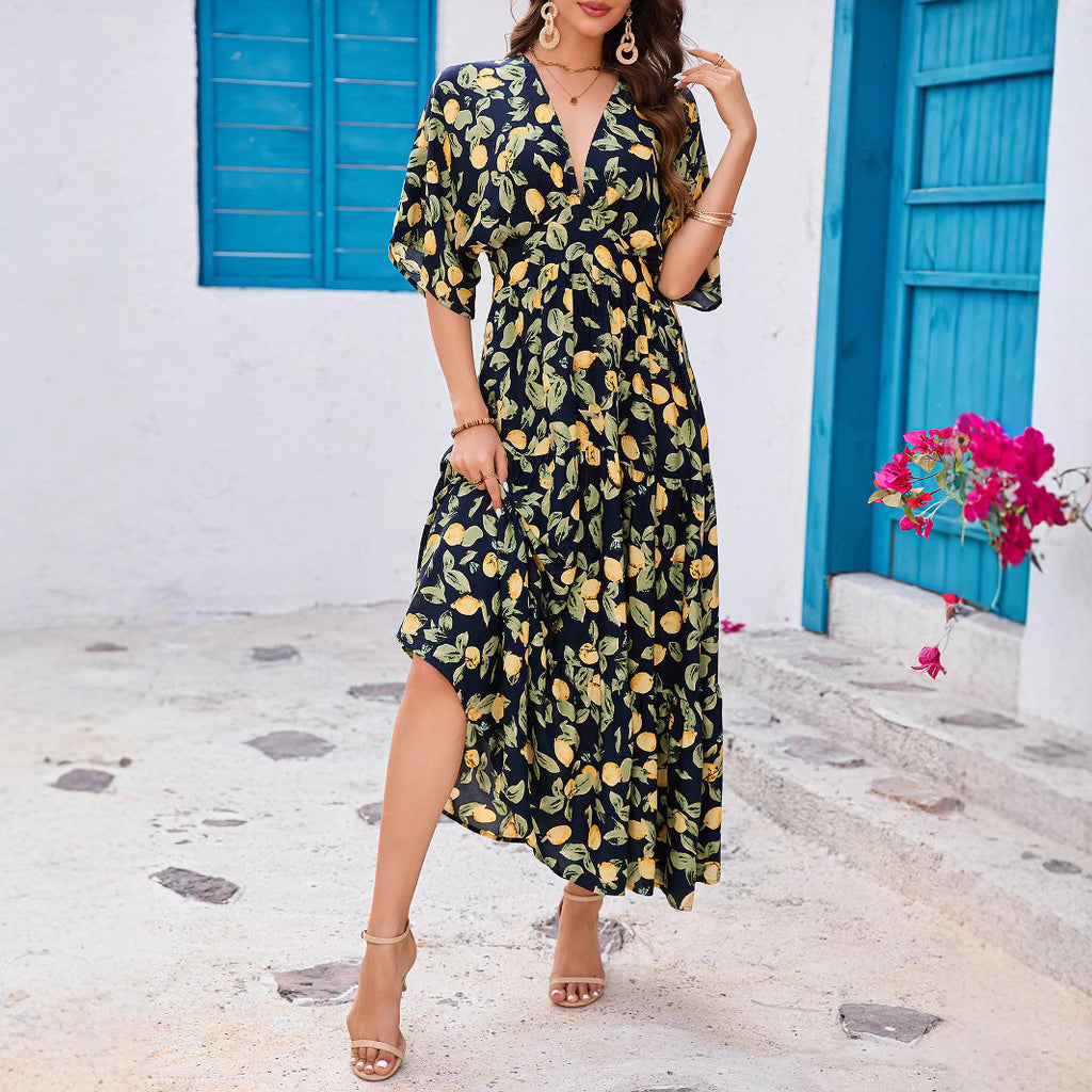Real Photo Cross-border Rayon Printed Batwing Sleeve Deep V Waist-tightening Layered Dress Beach Resort Long Dress