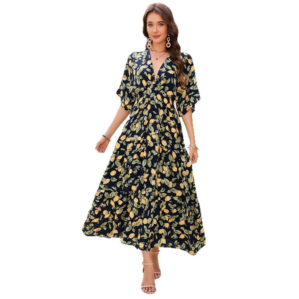 Real Photo Cross-border Rayon Printed Batwing Sleeve Deep V Waist-tightening Layered Dress Beach Resort Long Dress