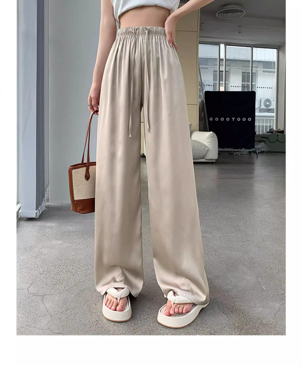 Women's Pants Summer Floral High Waist Leisure  Silk Satin Wide Leg straight pants