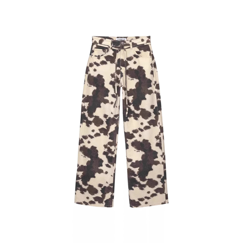 Style Vintage Straight Leg Jeans with Cow Print Washed Tie-Dye Denim Trousers Loose Long Pants Trendy