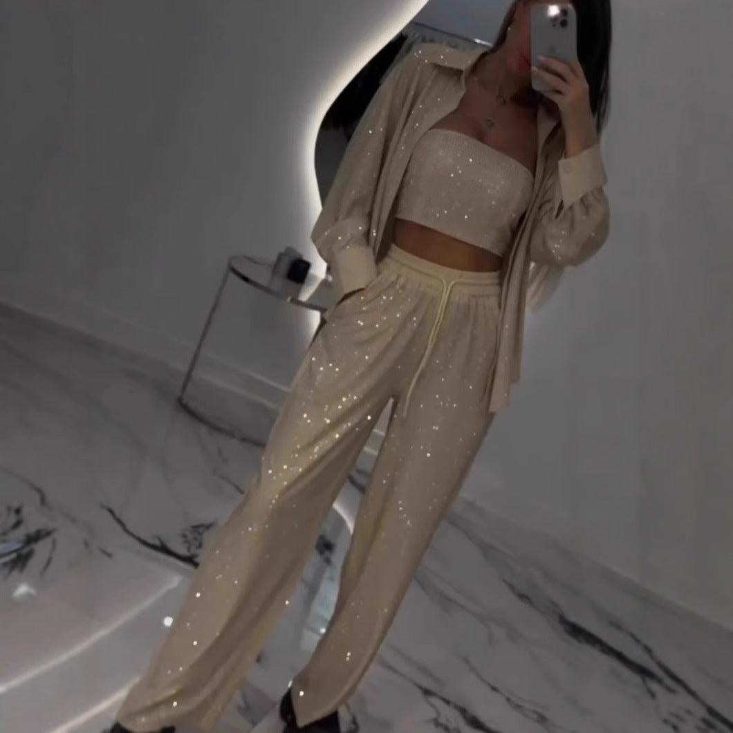 Loose Sequins Jacket Tube Top Three-piece Suit