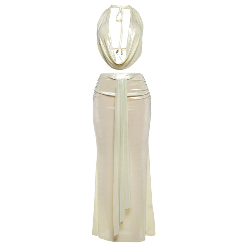 Sexy backless halter top slim fit hip hugging skirt set