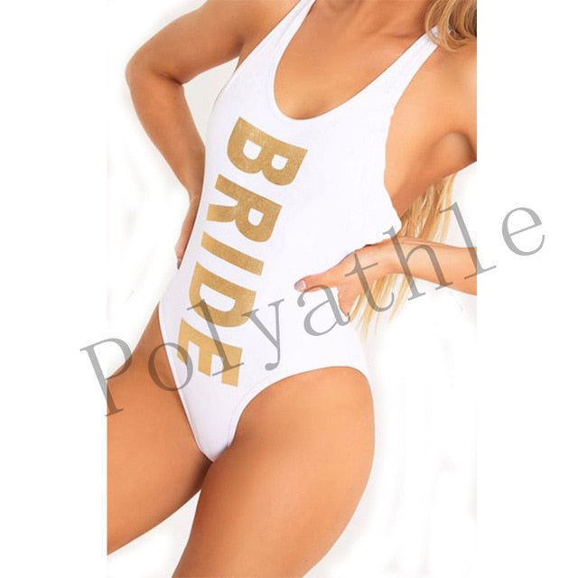 BRIDE Letter Print One Piece Swimsuit SQUAD Swimwear Women White Black Beachwear Sexy Bodysuit Summer Bathing Suits
