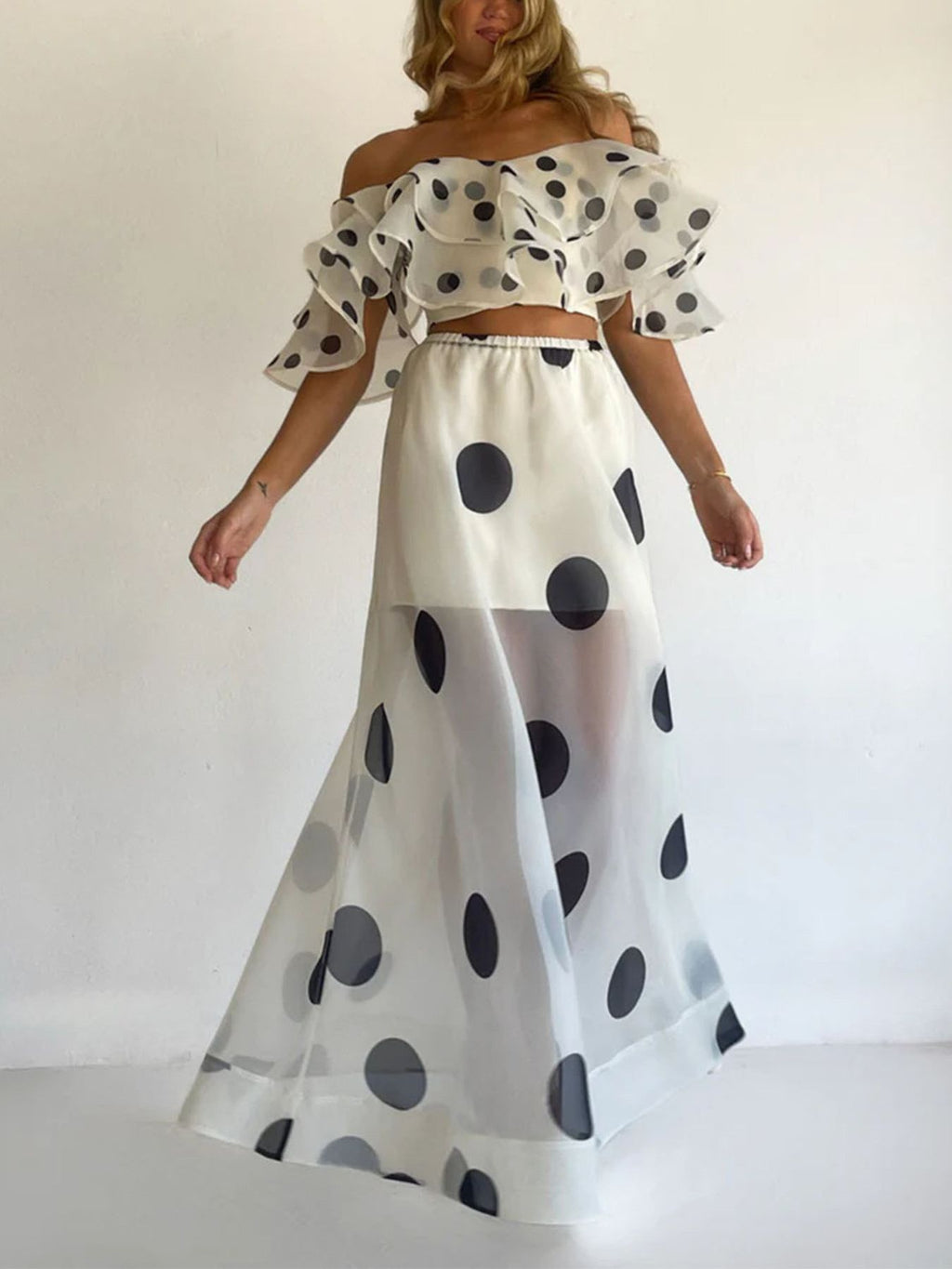 Polka Dot and Flowers Ruffle Crop Top and Maxi Skirt Set
