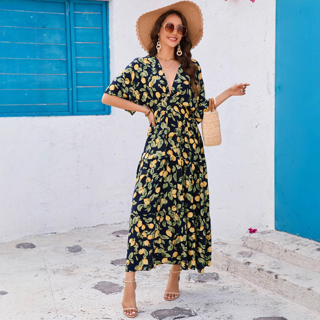 Real Photo Cross-border Rayon Printed Batwing Sleeve Deep V Waist-tightening Layered Dress Beach Resort Long Dress