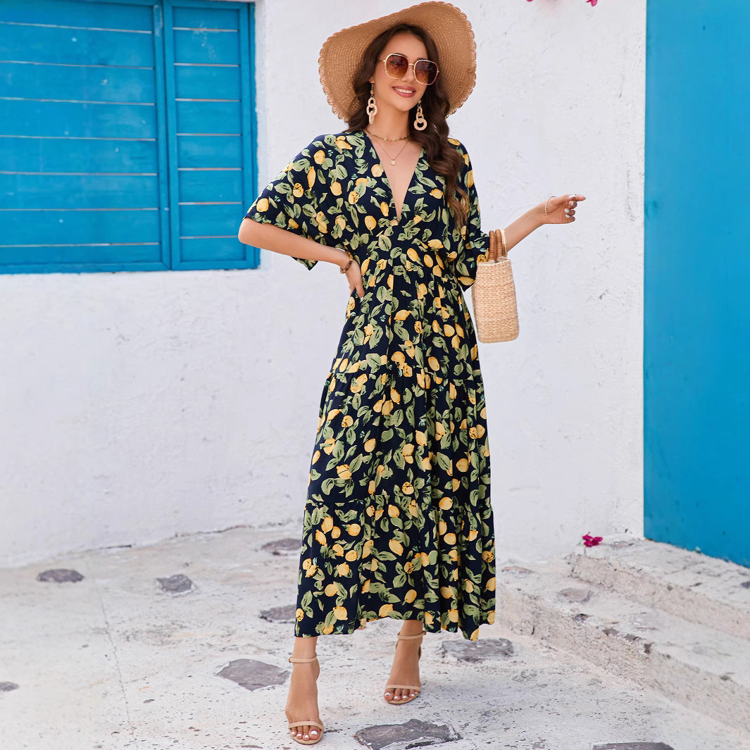 Real Photo Cross-border Rayon Printed Batwing Sleeve Deep V Waist-tightening Layered Dress Beach Resort Long Dress