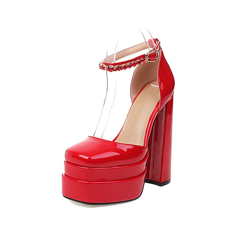 Rhinestone Ankle Strap Platforms Pumps For Women Casual Spring Summer Chunky Shoes Ladies