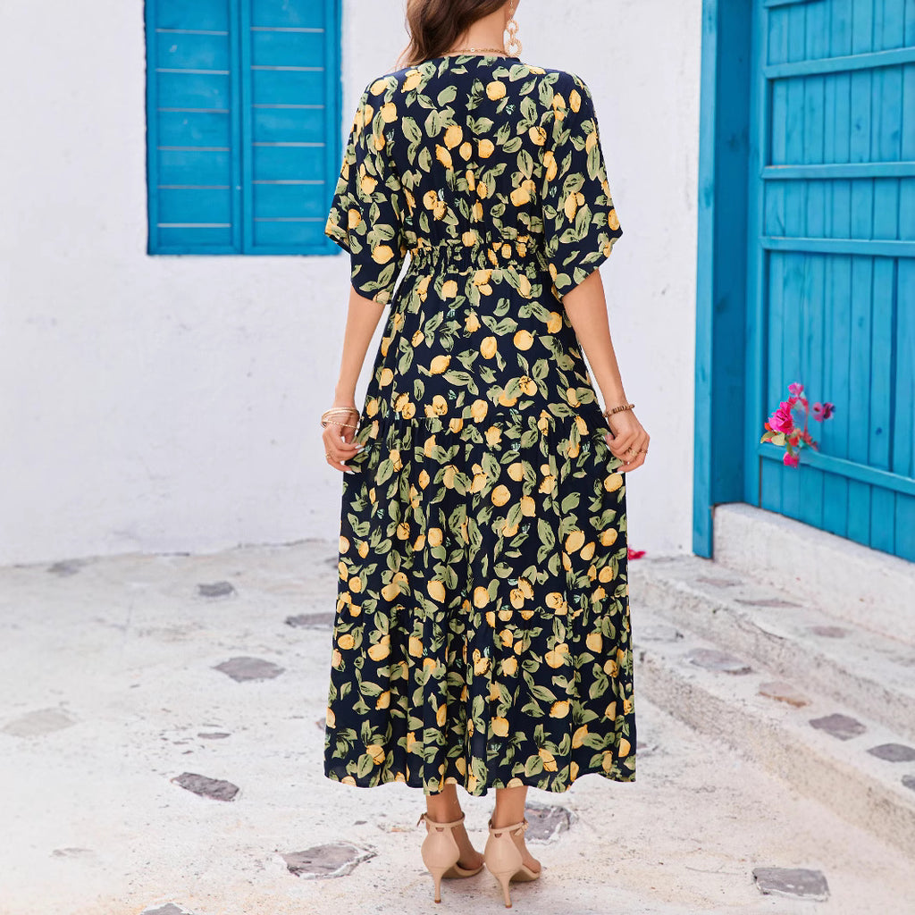 Real Photo Cross-border Rayon Printed Batwing Sleeve Deep V Waist-tightening Layered Dress Beach Resort Long Dress