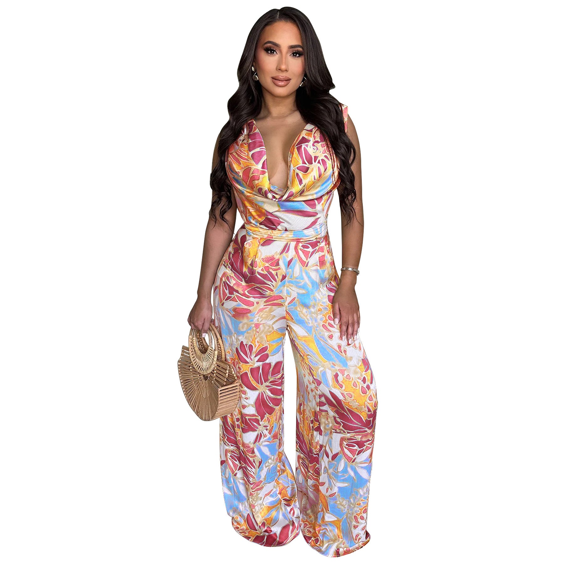 Sleeveless lace up wide leg printed jumpsuit