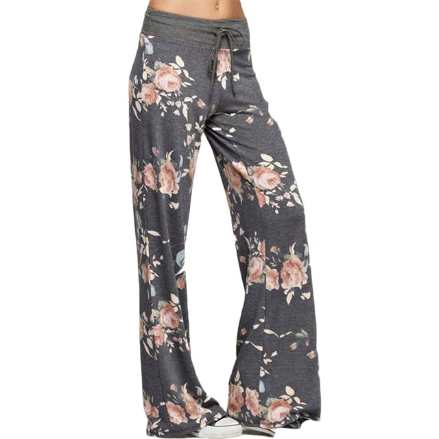 Summer Women Pants Floral Drawstring Leisure Trousers Full Length Pocket Casual Loose Wide Leg Long Pant Summer Soft Casual