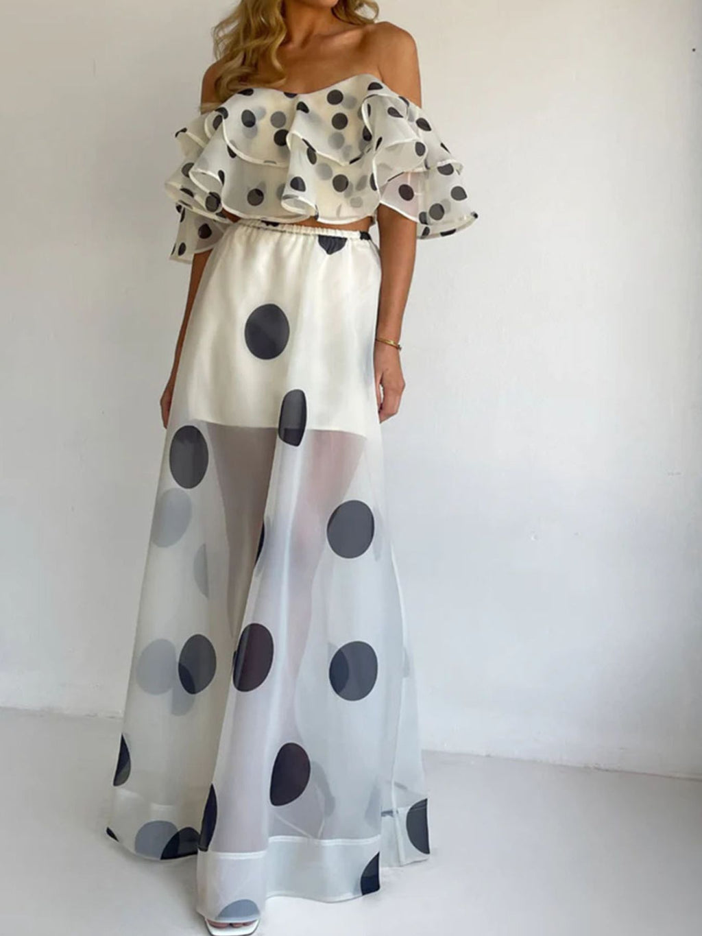 Polka Dot and Flowers Ruffle Crop Top and Maxi Skirt Set