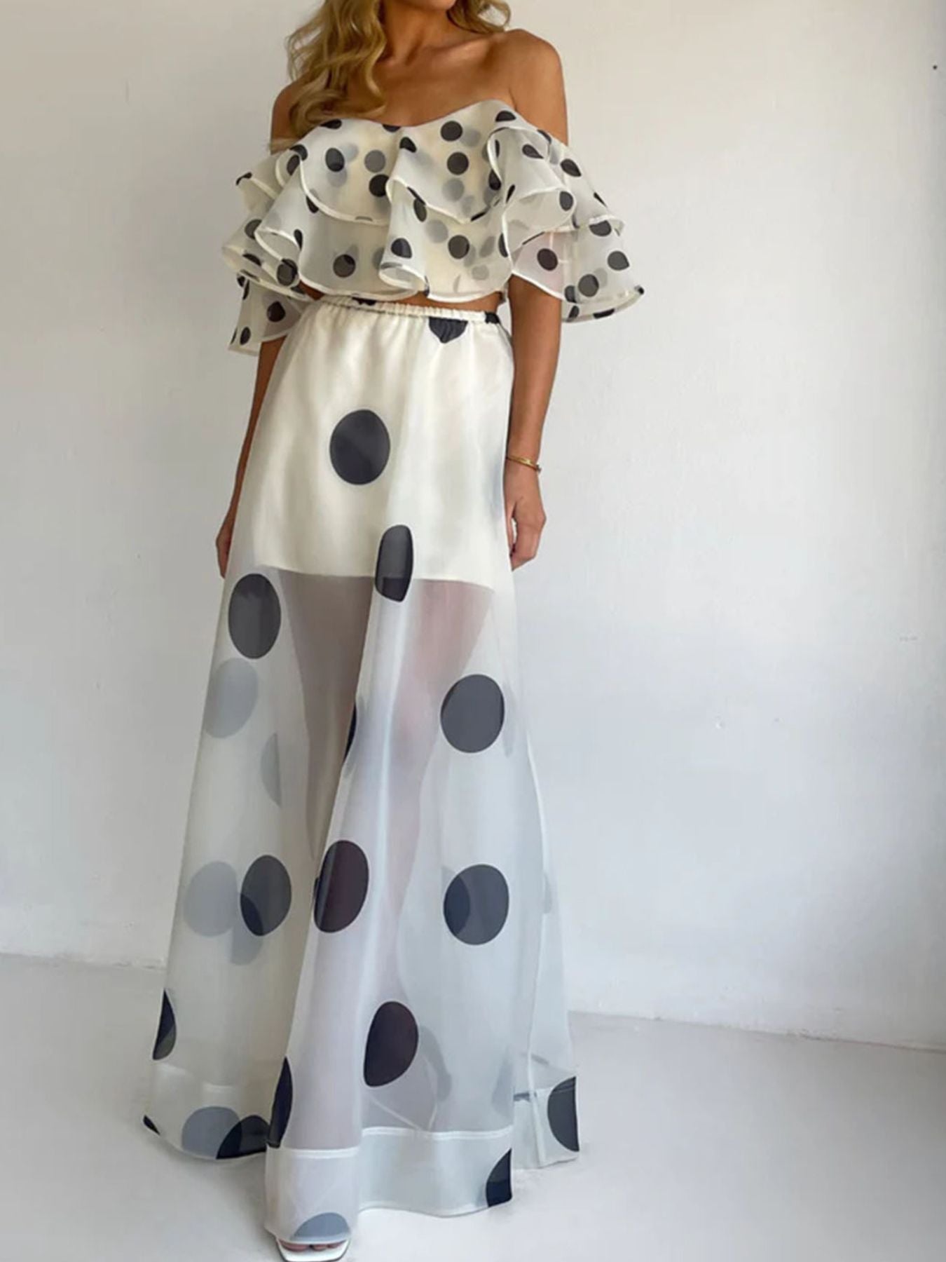 Polka Dot and Flowers Ruffle Crop Top and Maxi Skirt Set