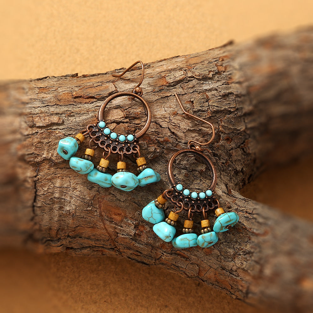 Vintage Circle Turquoise Pendant Tassel Earrings
