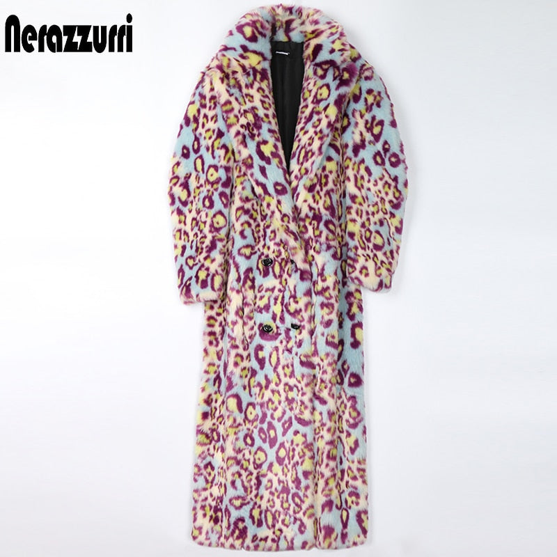 Nerazzurri Winter Extra Long Colorful Warm Thick Fluffy Leopard Print Faux Fur Trench Coat for Women Runway European Fashion