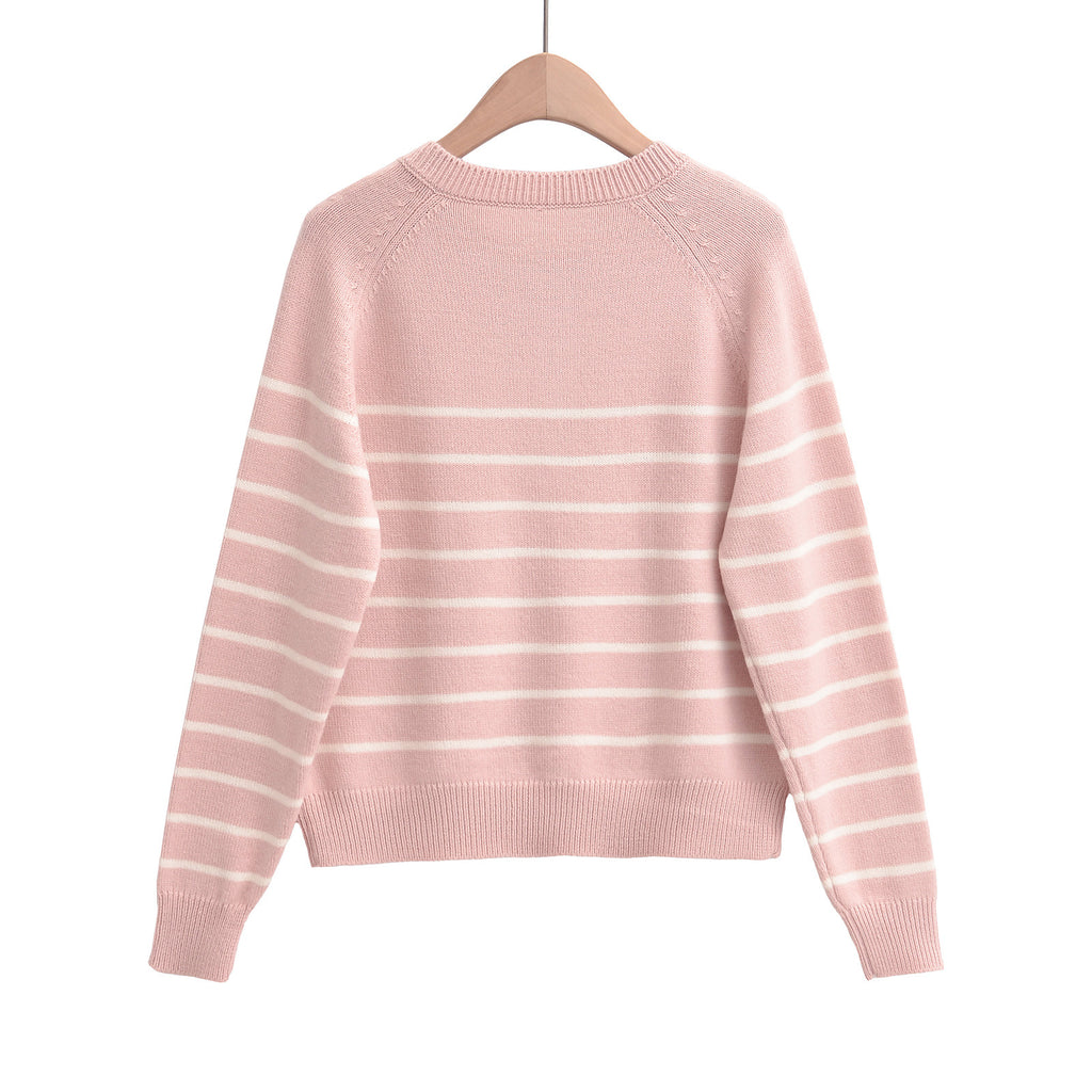 Striped round neck long sleeved loose plush sweater