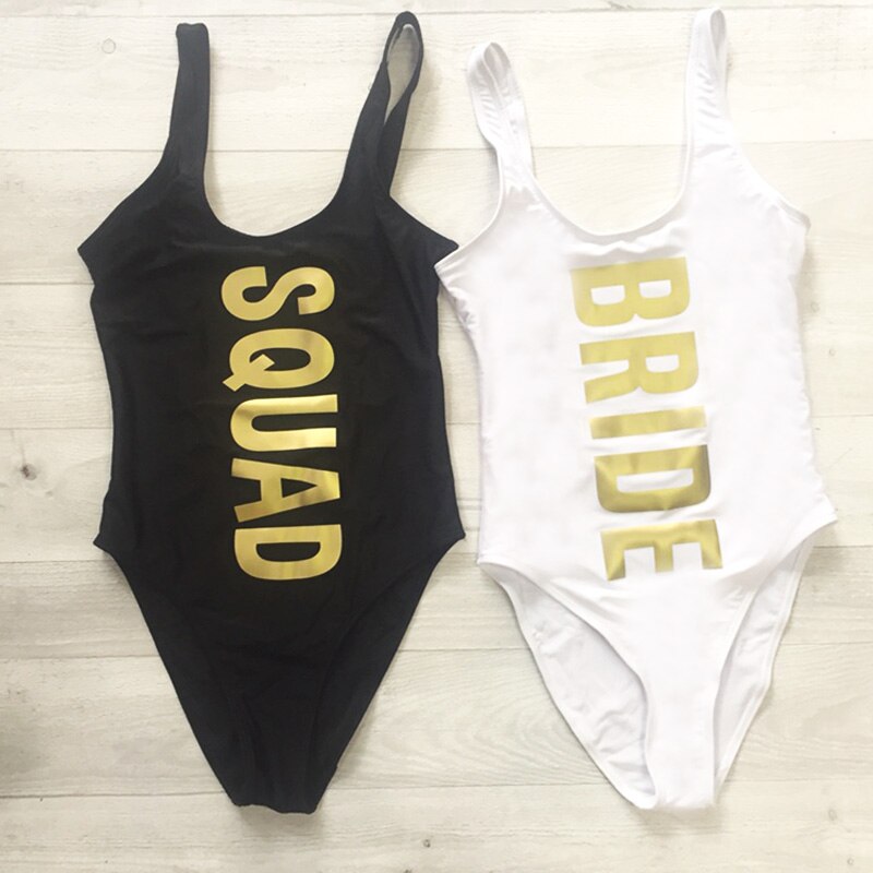 BRIDE Letter Print One Piece Swimsuit SQUAD Swimwear Women White Black Beachwear Sexy Bodysuit Summer Bathing Suits