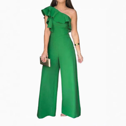 Chic Off-Shoulder High-Waisted Loose Straight-Leg Women's Jumpsuit with Ruffles