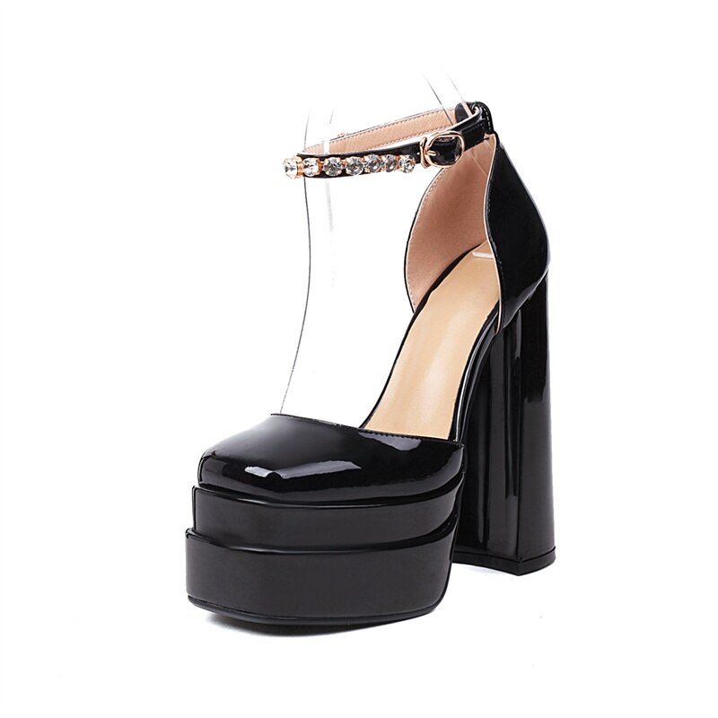 Rhinestone Ankle Strap Platforms Pumps For Women Casual Spring Summer Chunky Shoes Ladies
