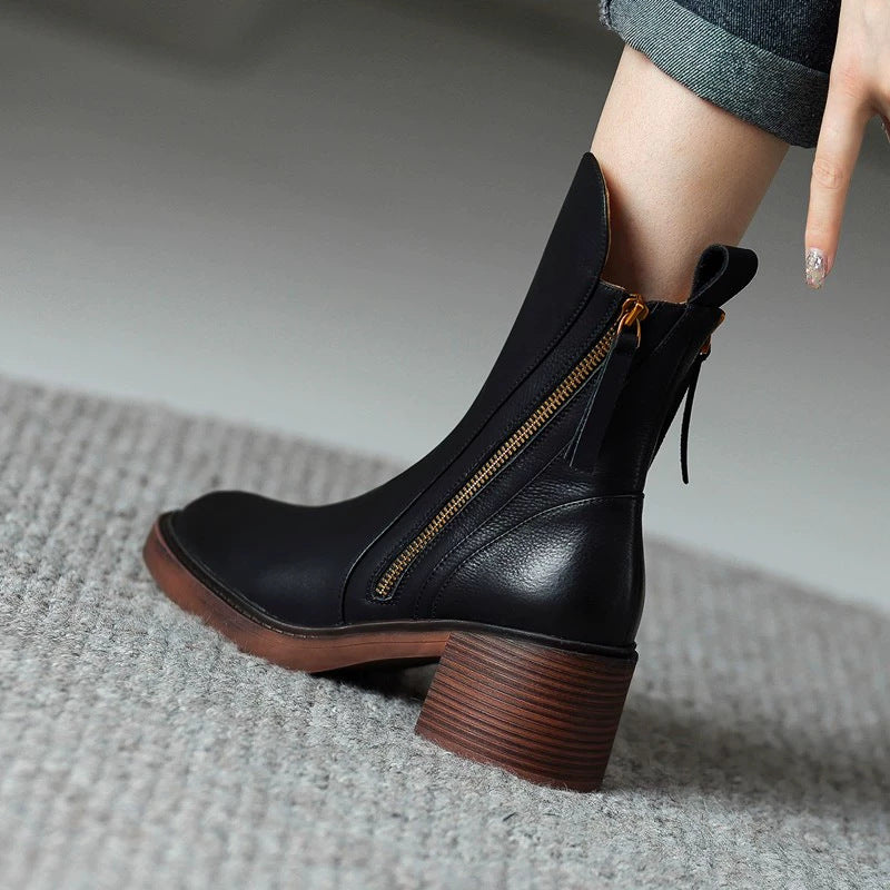 Round headed double zipper thick heel sponge bottom brown retro Martin boots for women