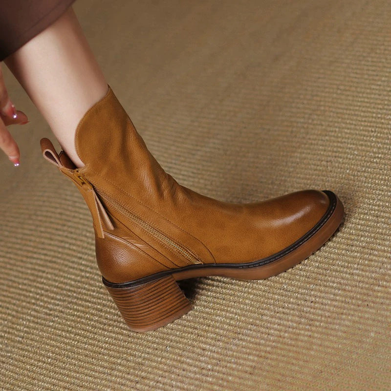 Round headed double zipper thick heel sponge bottom brown retro Martin boots for women